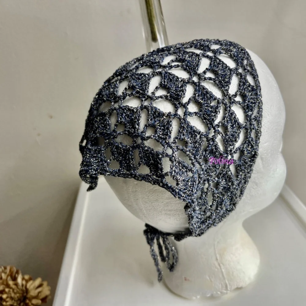 Hand made triangle cotton bandana head scarf cotton grey/bluish w/silver lurex